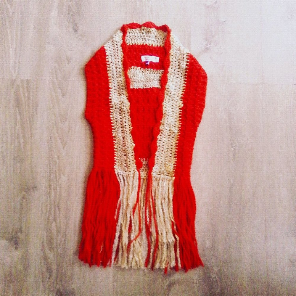 Hand Crochet Beige and Cherry Red Vest w Long Fringes Boho Western Look